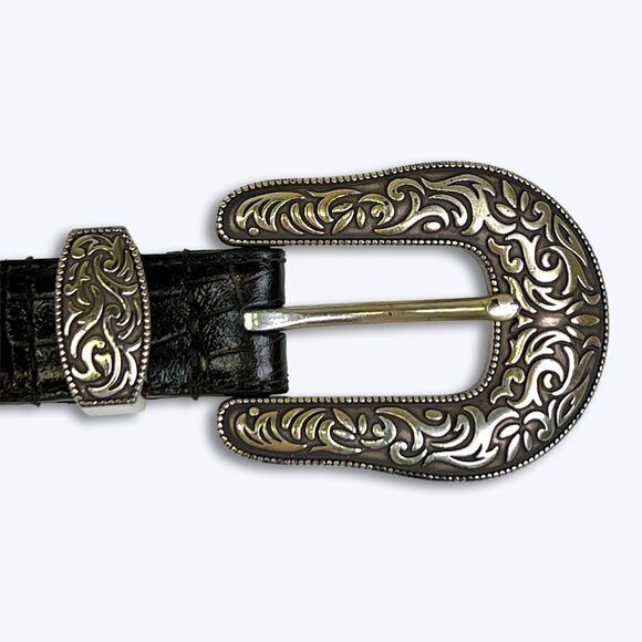 Vtg Coldwater Creek 2008 Western Belt Brown Croc Leather Silver Filigree Buckle main image 13
